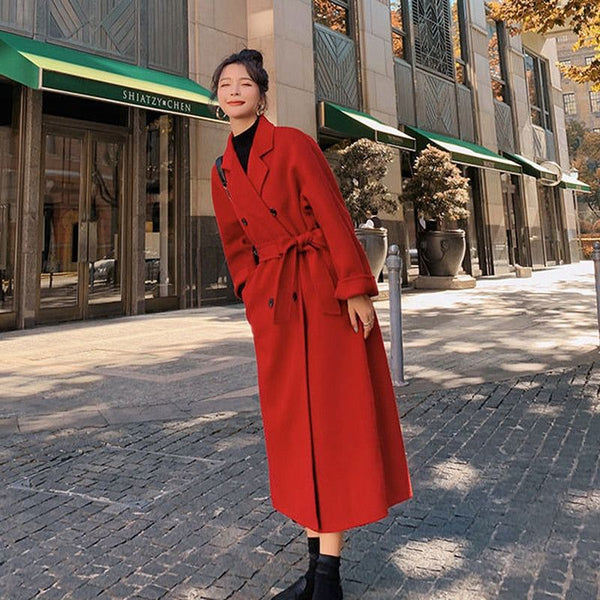 Women's Autumn and Winter Mid-length Thick Woolen Coat Red or Black