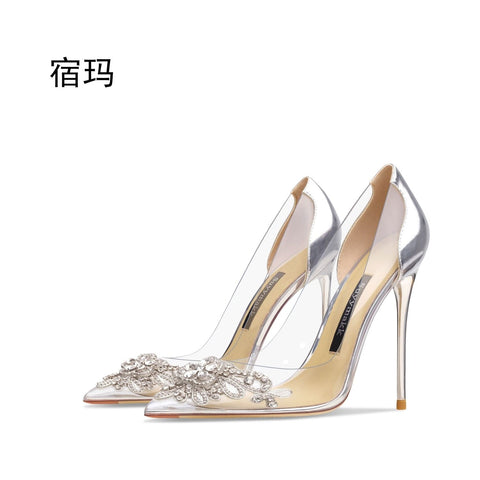 New Comfortable Transparent Women Pointed Toe Pumps Clear Rhinestones High Heel Shoes - Frimunt Clothing Co.