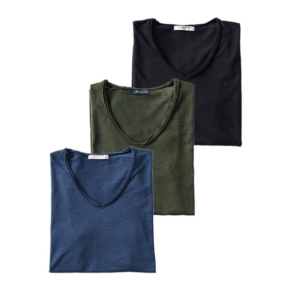 Men's T-Shirts Set 3PCS 100% Cotton Solid Colors Casual V-Neck Short Sleeve Soft Feel High Quality Tees