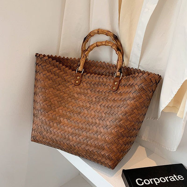 High-Grade Design Bamboo Strips Beach Handbags Large Capacity Summer Basket Bag
