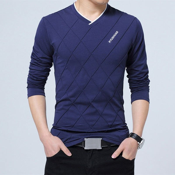 Men's T-shirt Slim Fit High V-Neck Long Sleeve With Geometric Detail Sizes Up to 5XL - Frimunt Clothing Co.