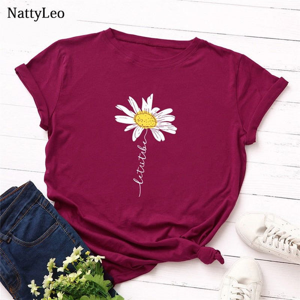 Summer S-5XL T Shirt Women Cute Daisy Print T-Shirt 100% Cotton Women O-Neck Short Sleeve - Frimunt Clothing Co.