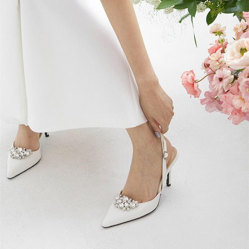 Satin Pointed Toe with Rhinestone High Heels Back Strap White Bridal Shoes - Frimunt Clothing Co.