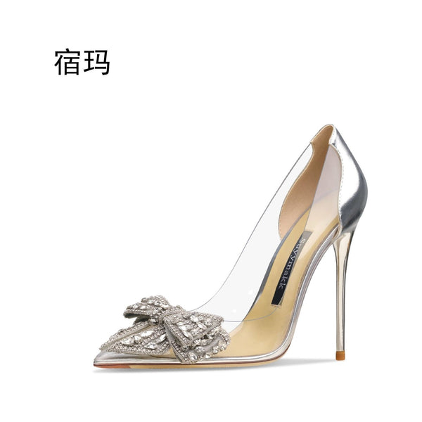 New Comfortable Transparent Women Bridal Pumps Pointed Toe Clear Rhinestone High Heel Shoes