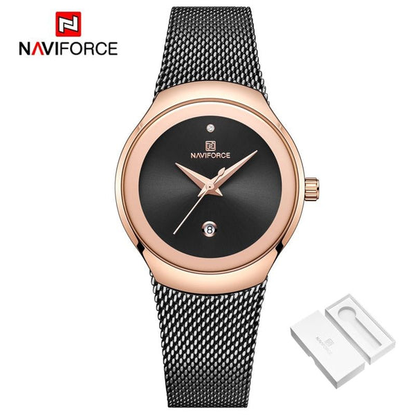Elegant Minimalist Women's Stainless Steel Luxury Analog Quartz Rose Gold, Black, Silver Tone Metallic Strap Waterproof Wristwatch With Box
