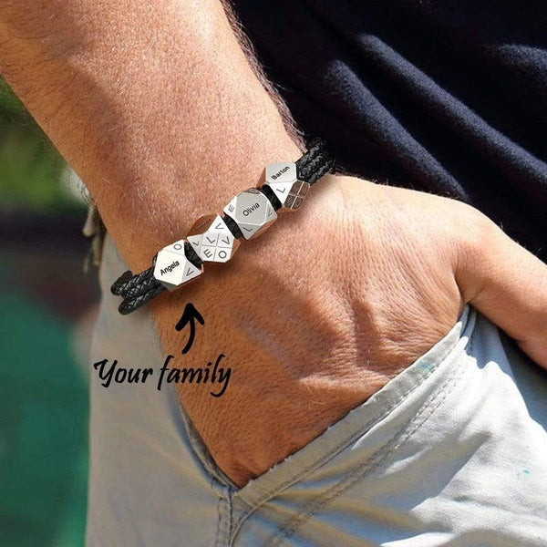 Handmade Father's Day Gift Men's Braided Leather Bracelet With Polyhedral Custom Beads For Husband Family Gift Engrave 1-8 Names Jewelry - Frimunt Clothing Co.