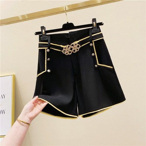 Women's Belted Riveted Black Gold High Waist Button A- Line Casual Shorts Women 2022 Spring Summer Loose Slim Retro Wide Leg Short Pants - Frimunt Clothing Co.
