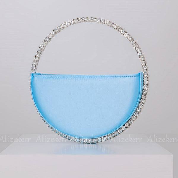 Women's Circular Glitter Crystal Satin Evening Bag With Metallic Handle Rhinestones Clutch - Frimunt Clothing Co.