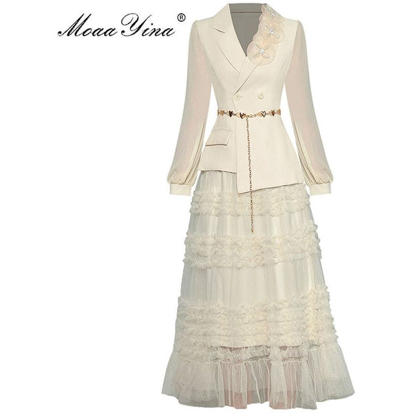 Spring Autumn Women's 2 Pieces Set Applique Long Sleeve Asymmetrical Lace-up Suit Jacket + Mesh Skirt
