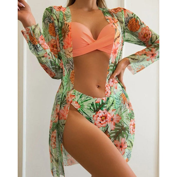Floral Twist Low Waist 3 Piece Bikini Set + Long Sleeve Cover Up Push Up Swimsuit