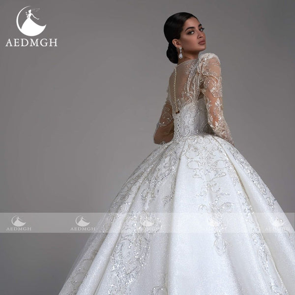Isabella Ball Gown Shiny Glamorous Wedding Dress Boat Neck Long Sleeve Lace Beaded Sequined - Frimunt Clothing Co.