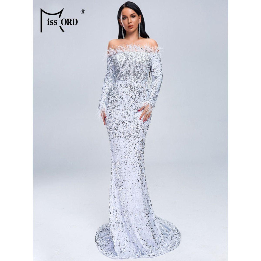 Missord Sexy Off Shoulder Feather Long Sleeve Sequin Dress Elegant Evening Floor Length Reflective Dresses Pure Black - Frimunt Clothing Co.