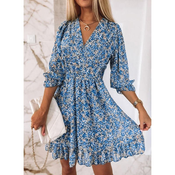 Spring Summer Mini Dresses For Women Casual Loose Long Sleeve V-Neck Ruffled Hem - Frimunt Clothing Co.