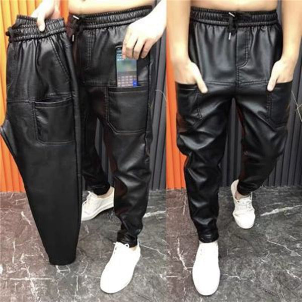 Men's Eco Leather Elastic Waist Faux Leather Joggers Pants Zipper Pockets Black