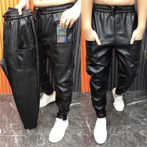 Men's Eco Leather Elastic Waist Faux Leather Joggers Pants Zipper Pockets Black - Frimunt Clothing Co.