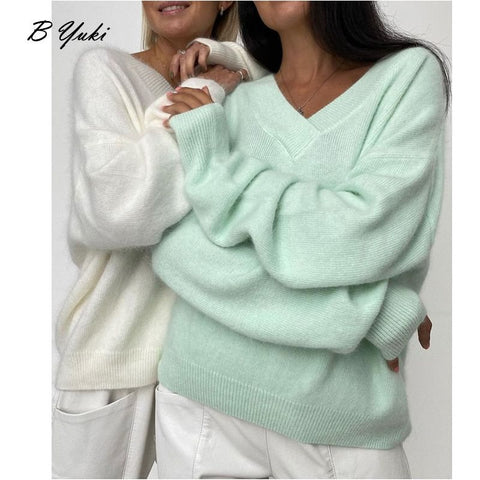 Women's V-neck Knitted Loose Sweaters Autumn Winter Long Sleeve Basic