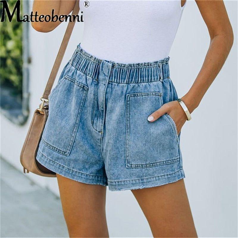 Summer New Blue Women's Denim Shorts High Waisted Pocket Jeans Shorts Casual Elastic Waist - Frimunt Clothing Co.