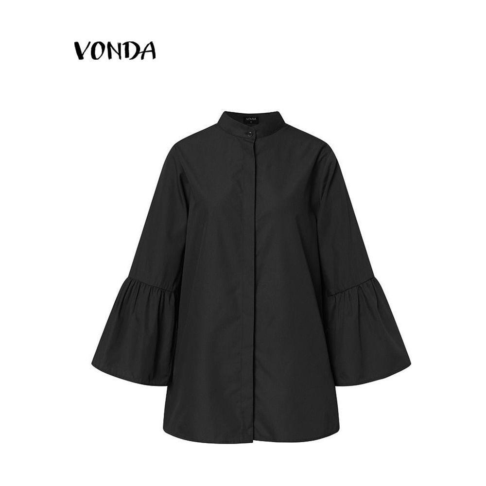 Women's Solid Color Button Up Flare Sleeve Shirts Sexy V Neck Stand Up Collar - Frimunt Clothing Co.