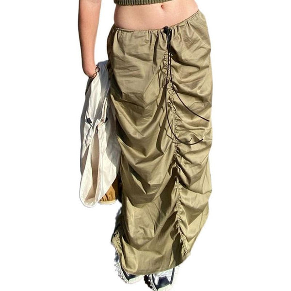 Women's Solid Color Adjustable Elastic Drawstring Ruched Low Waist Long Skirt