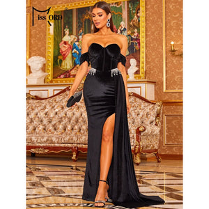 Missord Split Thigh Off Shoulder Velvet Dress Women 2022 Spring Black Evening Party Elegant Maxi Dress - Frimunt Clothing Co.