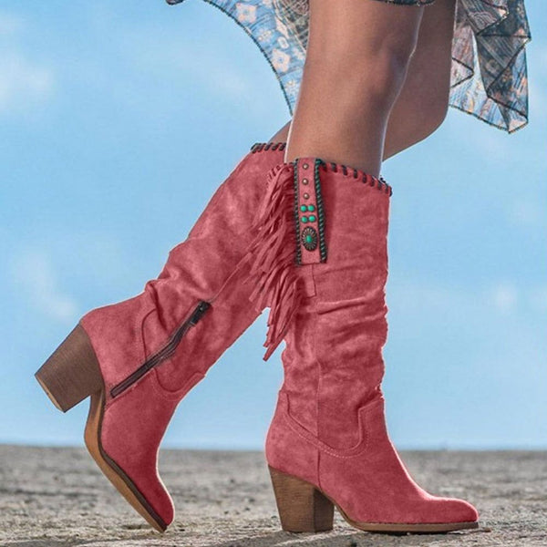 Western Cowboy Boots For Women Faux Suede Mid-Calf Side Fringe - Frimunt Clothing Co.