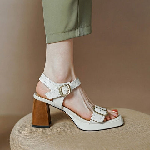Summer Genuine Leather Buckle Strap High Heels Square Toe Women's Sandals - Frimunt Clothing Co.