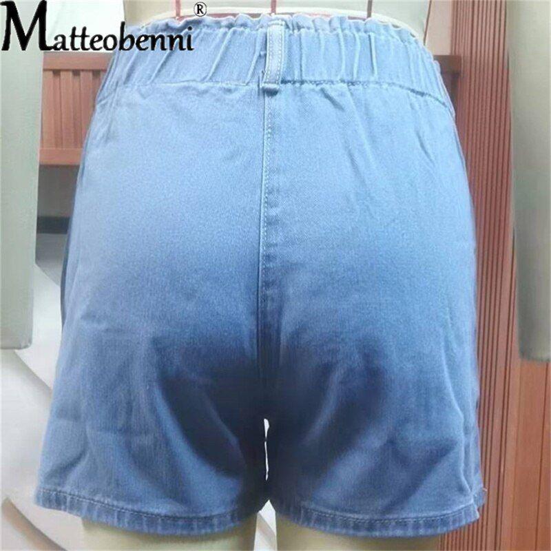 Summer New Blue Women's Denim Shorts High Waisted Pocket Jeans Shorts Casual Elastic Waist - Frimunt Clothing Co.