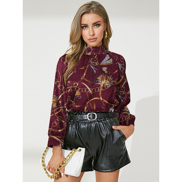 Women's Satin Elegant Blouse Solid And Print Long Sleeve Stand Collar Tops - Frimunt Clothing Co.