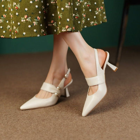 Spring Summer Women Split Leather Shoes Pointy Toe Thin Heel Solid Slingback