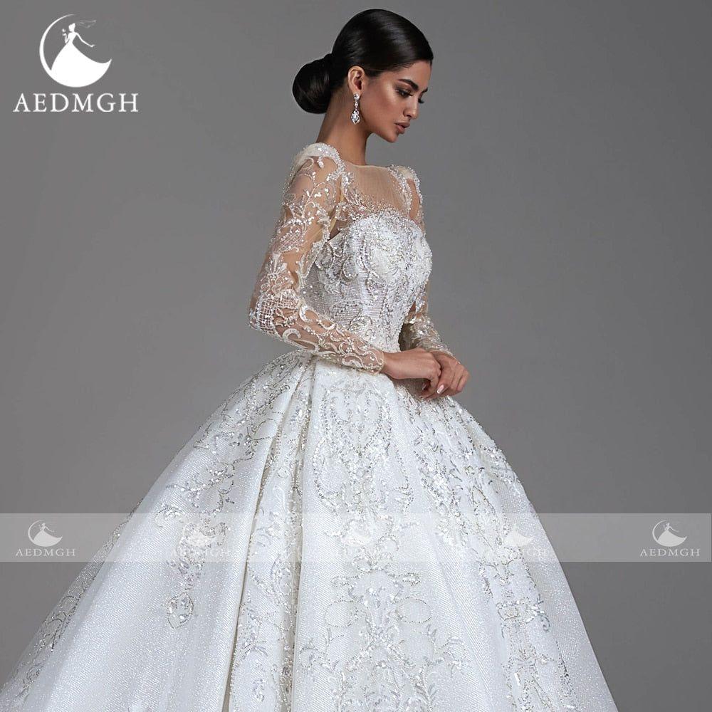 Isabella Ball Gown Shiny Glamorous Wedding Dress Boat Neck Long Sleeve Lace Beaded Sequined - Frimunt Clothing Co.