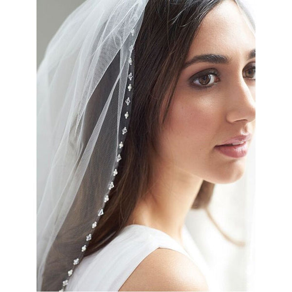 White/ Ivory 1 Tier Crystal Pearls Edged Bridal Veil with Comb - Frimunt Clothing Co.