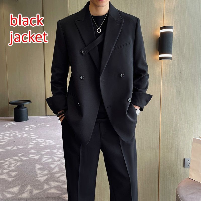 Men Fashion Double Breasted Loose Casual Suits Blazer Wide Leg Pants - Frimunt Clothing Co.