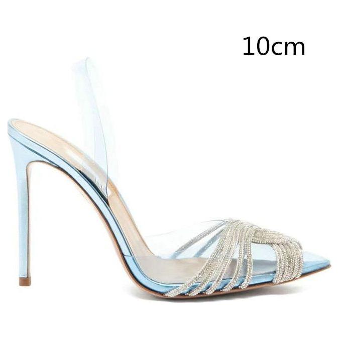 Summer Women's Back Strap Pumps Transparent Rhinestone Pointed Toe High Heels - Frimunt Clothing Co.