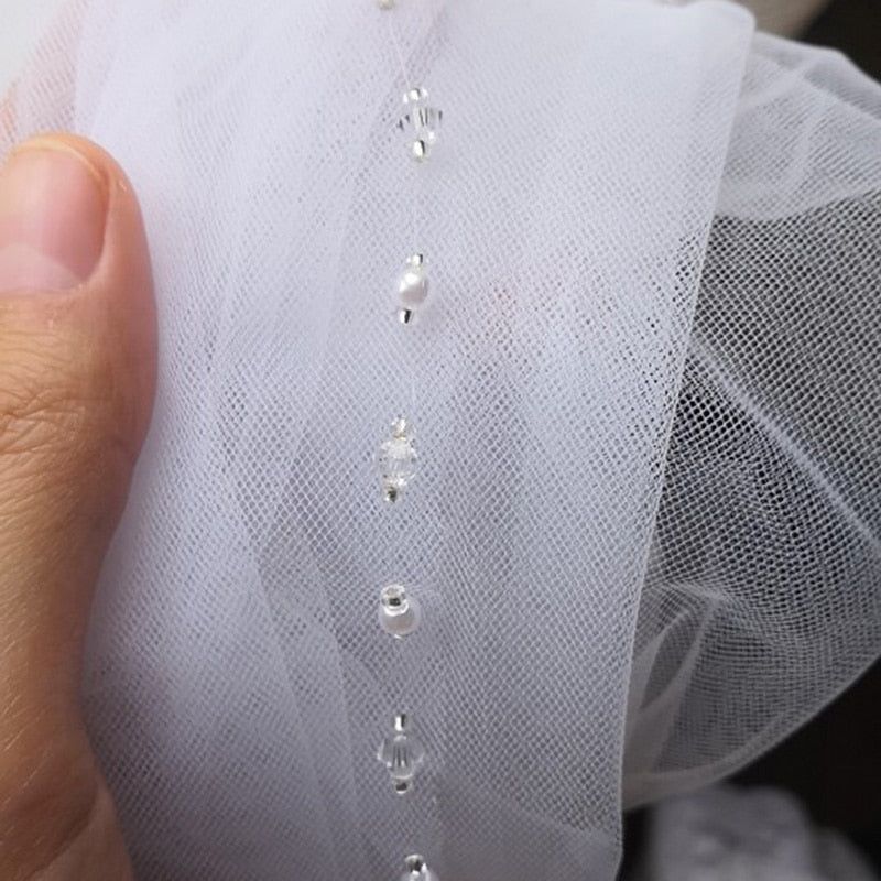 White/ Ivory 1 Tier Crystal Pearls Edged Bridal Veil with Comb
