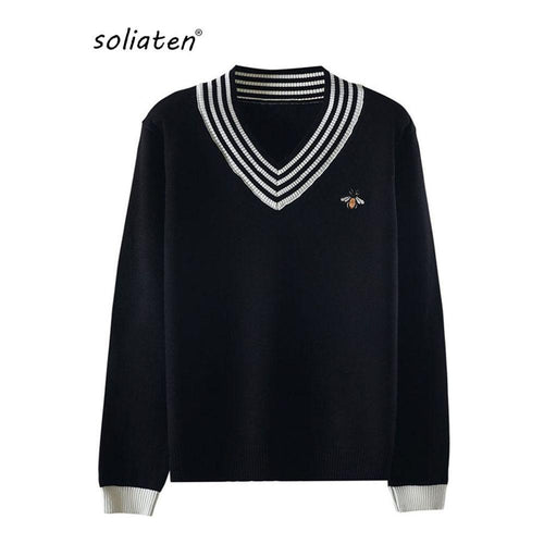 European Style Spring Autumn Women Bee Embroidery Sweater Elegant V-neck Knitted Loose Striped Long Sleeve Pullover - Frimunt Clothing Co.