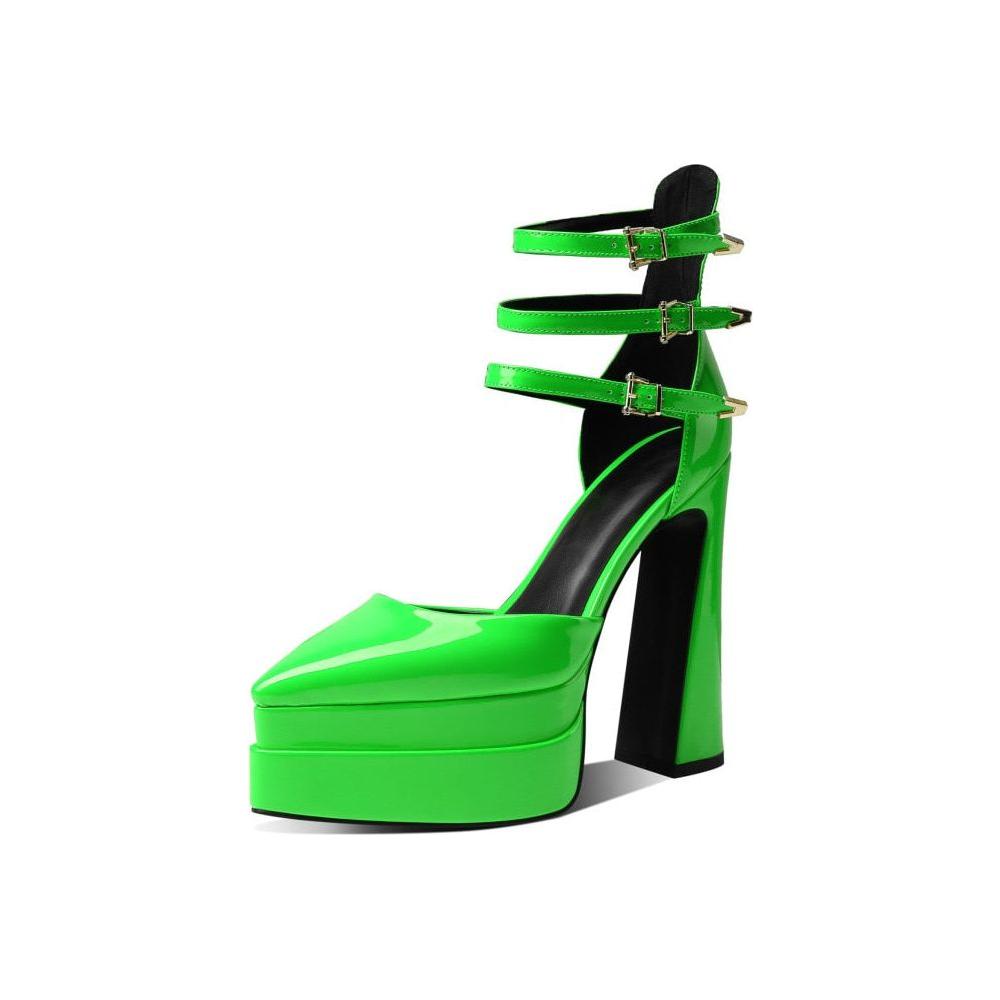 New Patent Leather Three Buckle Straps Women's Pumps Sexy High Heels Pointy Toe Double Deck Platform - Frimunt Clothing Co.
