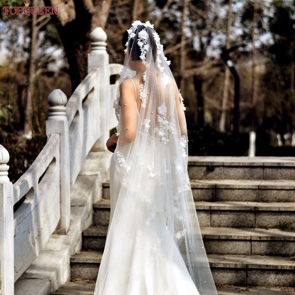 3D Flowers with Pearls Cathedral Length Luxury Bridal Veil - Frimunt Clothing Co.
