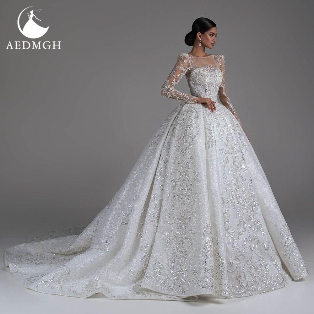 Isabella Ball Gown Shiny Glamorous Wedding Dress Boat Neck Long Sleeve Lace Beaded Sequined - Frimunt Clothing Co.