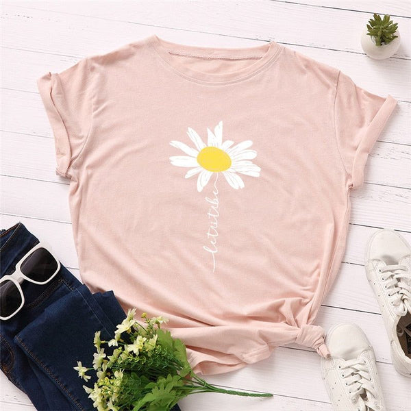Summer S-5XL T Shirt Women Cute Daisy Print T-Shirt 100% Cotton Women O-Neck Short Sleeve