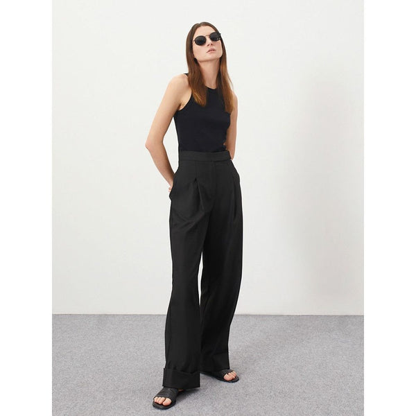 Spring Summer Black Women's Trousers High Waist Pleated Pants Pockets Wide Leg Pants Solid Colors