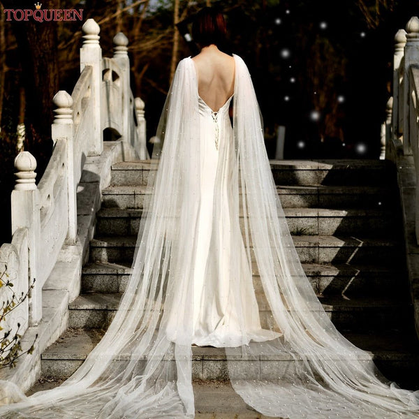 Bridal Wings With Pearls 2 Pieces Beaded Shoulder Veil Cathedral Drop Wedding Long Shawl