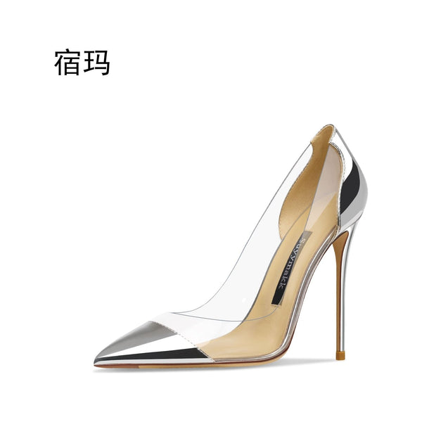 New Comfortable Transparent Women Pointed Toe Pumps Clear Rhinestones High Heel Shoes