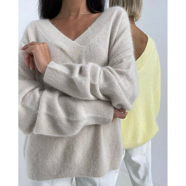Women's V-neck Knitted Loose Sweaters Autumn Winter Long Sleeve Basic - Frimunt Clothing Co.