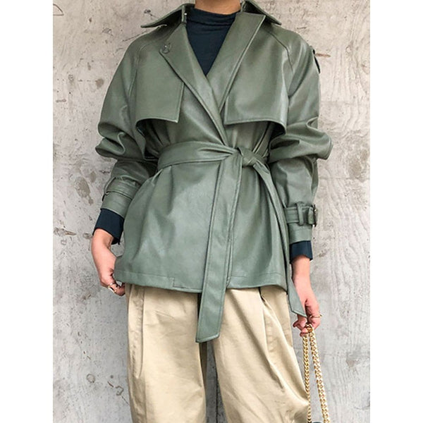 Autumn Women Green Faux Leather Jacket with Belt - Frimunt Clothing Co.
