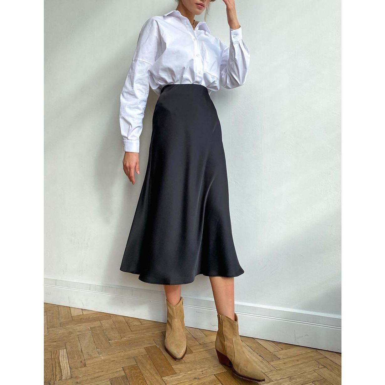 Summer Midi Satin Elegant High Waist A Line Women's Long Skirts - Frimunt Clothing Co.