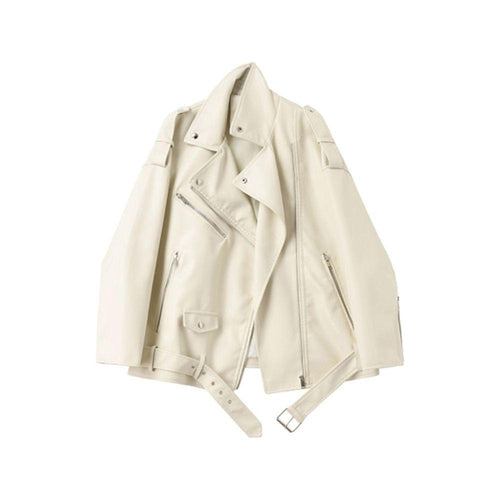 Fall Winter Women's Faux Leather Motorcycle Biker Jackets Loose Casual With Belt - Frimunt Clothing Co.
