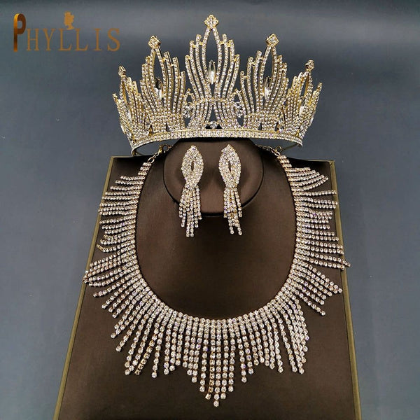 Bridal Crown Earrings Necklace Set Premium Headwear Rhinestone Headpiece Jewelry - Frimunt Clothing Co.