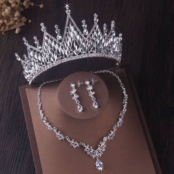 Gorgeous Silver Color Crystal Bridal Jewelry Sets Fashion Tiaras Crown Earrings Choker Necklace Women Wedding Dress Jewelry Set - Frimunt Clothing Co.
