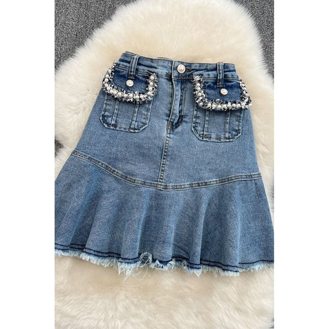 Women's Denim Skirt Slimming A-Line Trumpet Silhouette Pearls Embroidered 2022 Spring Summer - Frimunt Clothing Co.