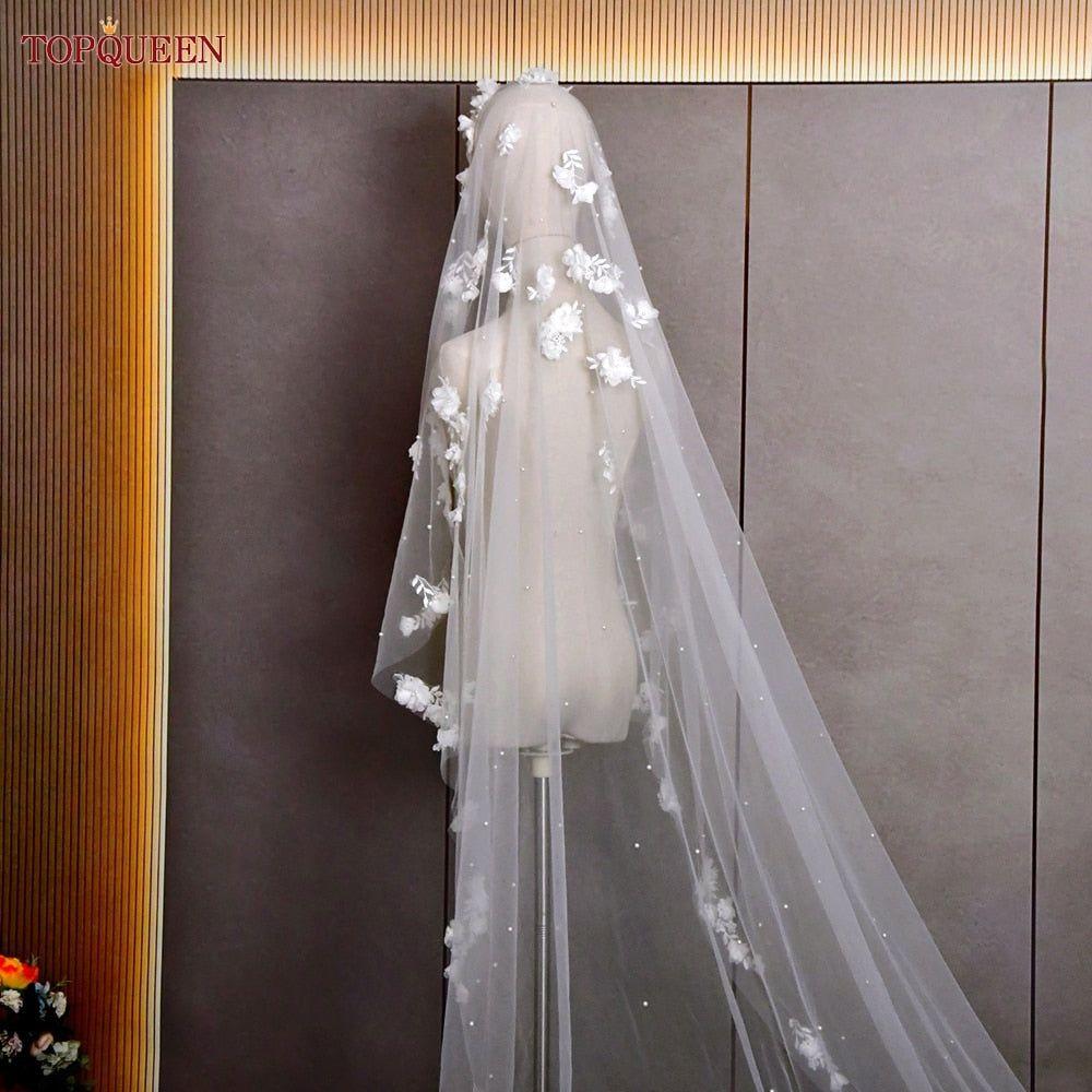 3D Flowers with Pearls Cathedral Length Luxury Bridal Veil - Frimunt Clothing Co.